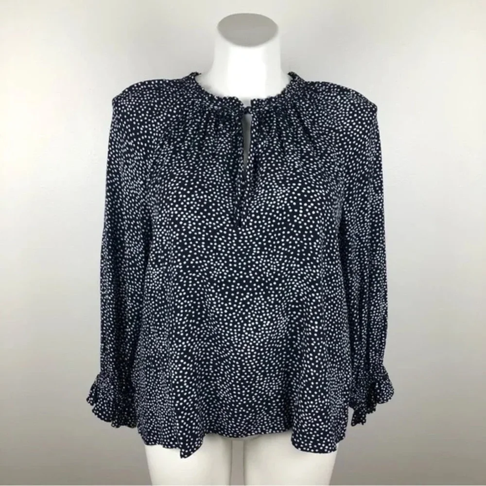 LOFT Navy blue and White polka dot Puff‎ Sleeve Blouse with Mandarin Collar